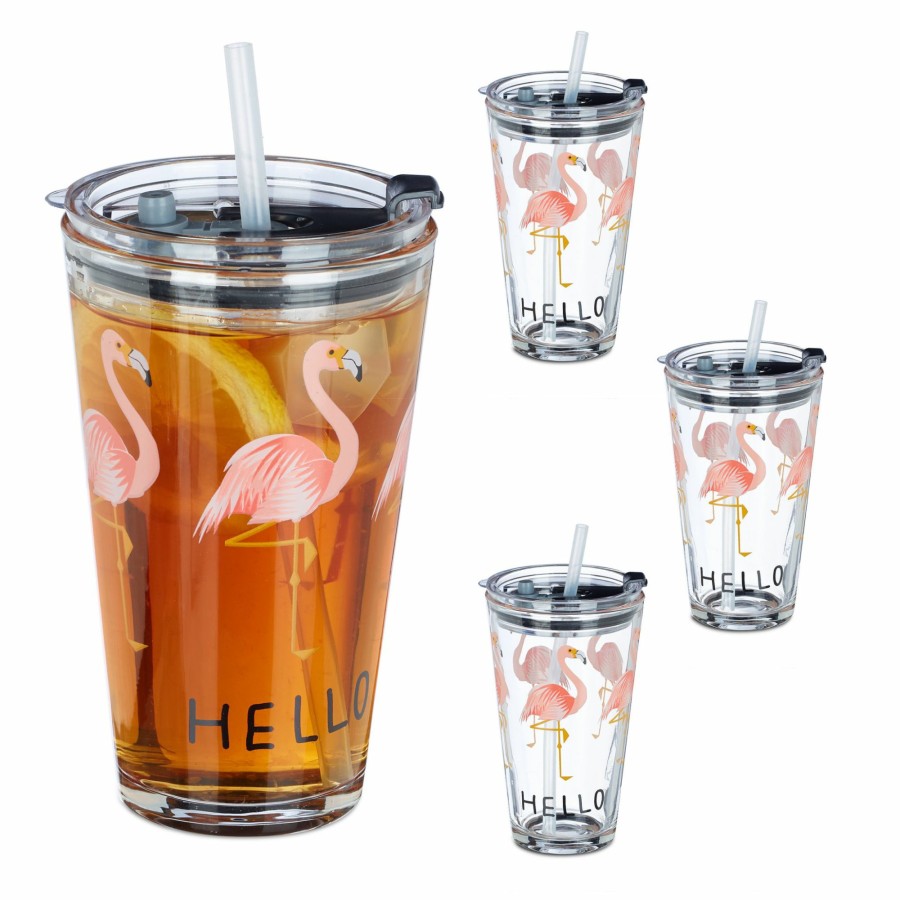 Relaxdays Set Mit 4 Glasbechern Im Flamingo-Design Hot