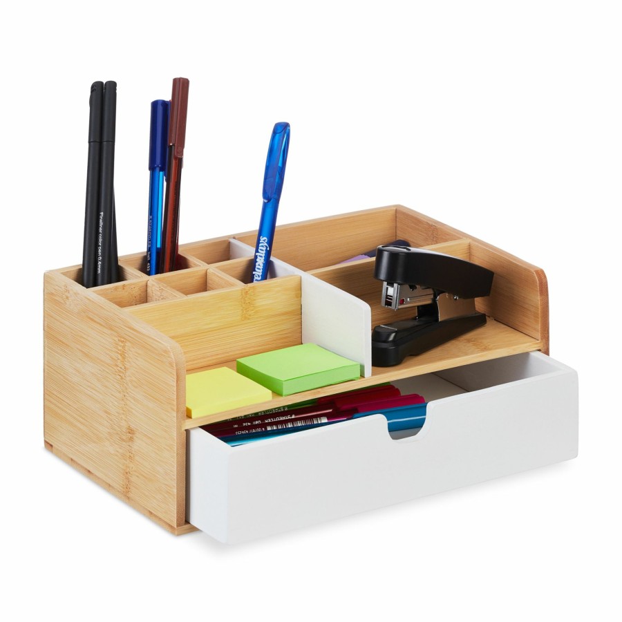 Relaxdays Schreibtisch-Organizer Aus Bambus Mit Weiser Schublade Clearance