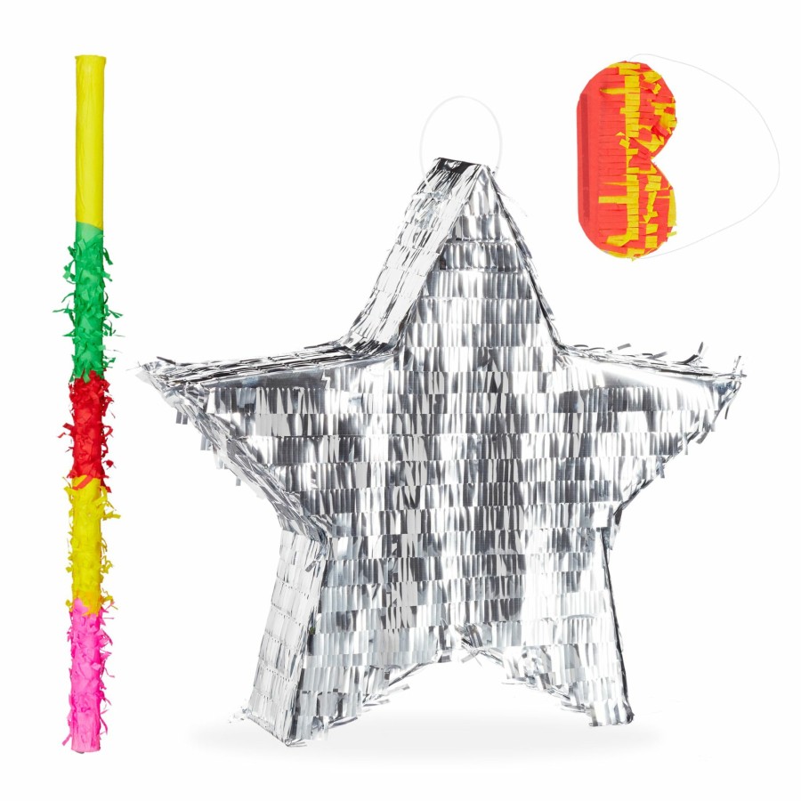 Relaxdays Silver Star Pinata-Set, Inkl. Maske & Fledermaus Clearance