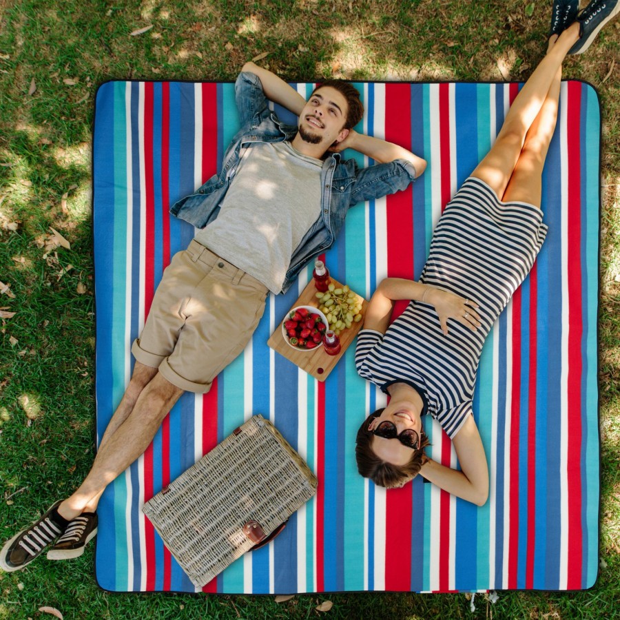 Relaxdays Gestreifte Picknickdecke Blau 200X200 Cm New