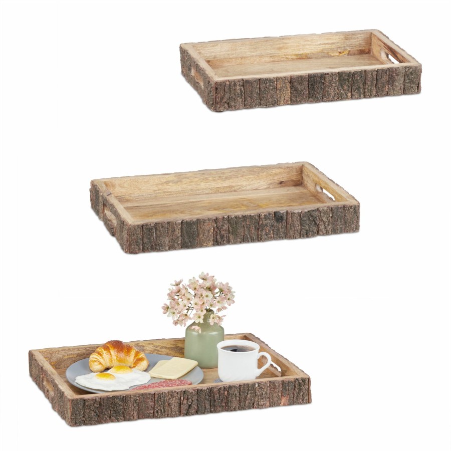 Relaxdays Serviertablett Aus Mangoholz, 3Er-Set Online