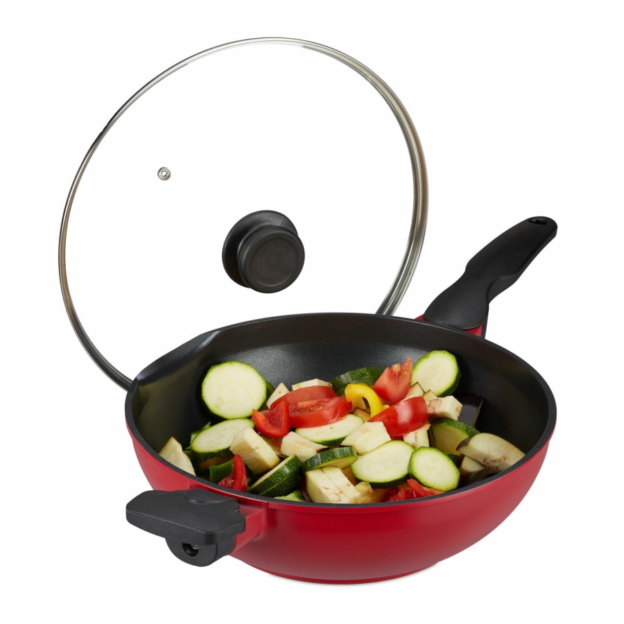 Relaxdays Roter Wok Mit Glasdeckel New