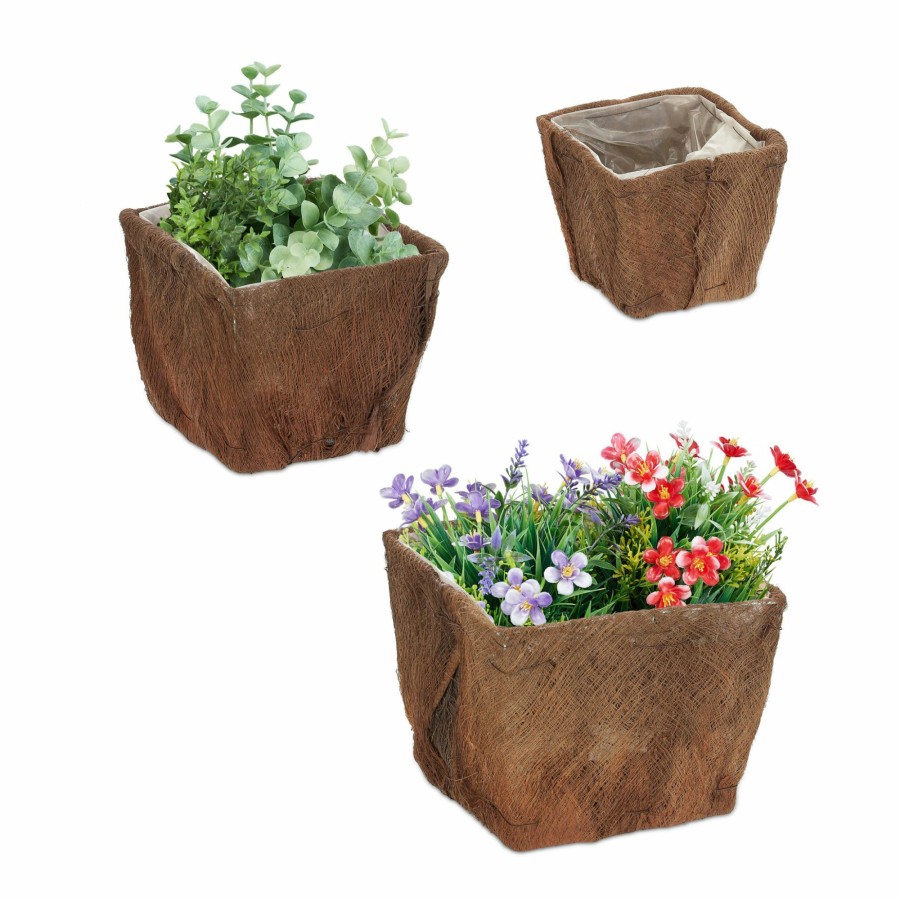 Relaxdays Blumentopf Aus Kokosnuss Und Holz, 3Er-Set Hot